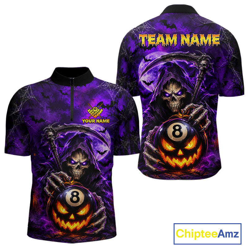 Personalized Purple Grim Reaper Halloween Billiard Shirts For Men Custom 8 Ball Pool Team Jersey TDM7633