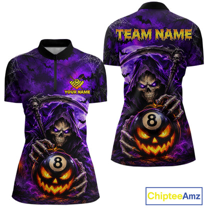 Personalized Purple Grim Reaper Halloween Billiard Shirts For Women Custom 8 Ball Pool Team Jersey TDM7633