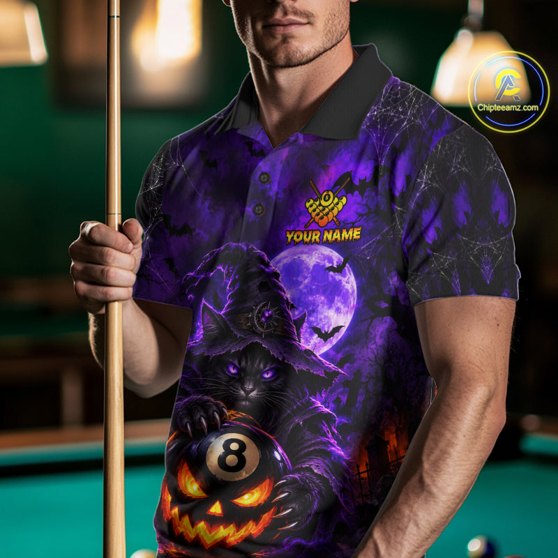 Purple Funny Cat Wizard 8 Ball Pool Billiard Shirts For Men Custom Halloween Billiard Team Jersey TDM7634