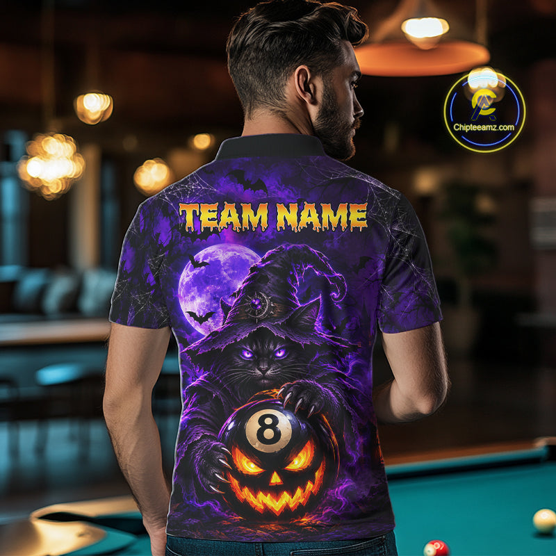 Purple Funny Cat Wizard 8 Ball Pool Billiard Shirts For Men Custom Halloween Billiard Team Jersey TDM7634