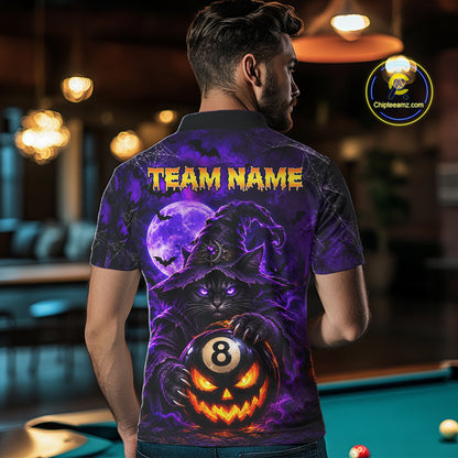 Purple Funny Cat Wizard 8 Ball Pool Billiard Shirts For Men Custom Halloween Billiard Team Jersey TDM7634