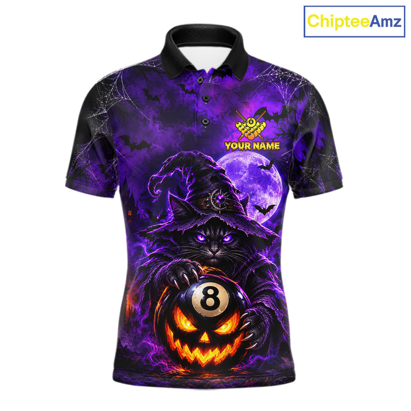 Purple Funny Cat Wizard 8 Ball Pool Billiard Shirts For Men Custom Halloween Billiard Team Jersey TDM7634