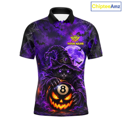 Purple Funny Cat Wizard 8 Ball Pool Billiard Shirts For Men Custom Halloween Billiard Team Jersey TDM7634