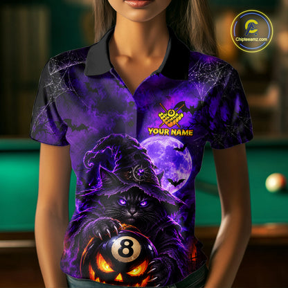Purple Funny Cat Wizard 8 Ball Pool Billiard Shirts For Women Custom Halloween Billiard Team Jersey TDM7634