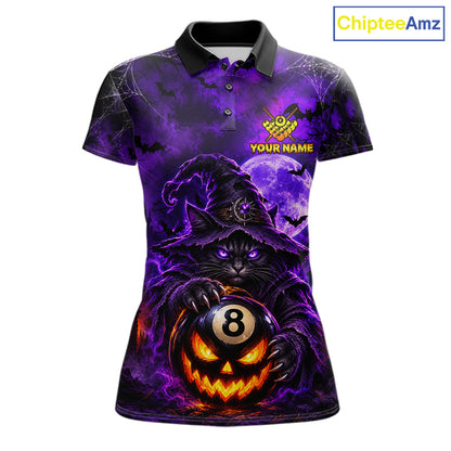 Purple Funny Cat Wizard 8 Ball Pool Billiard Shirts For Women Custom Halloween Billiard Team Jersey TDM7634