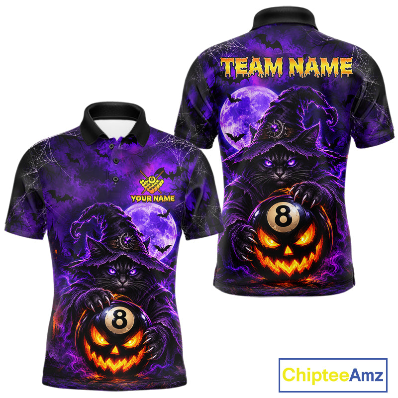 Purple Funny Cat Wizard 8 Ball Pool Billiard Shirts For Men Custom Halloween Billiard Team Jersey TDM7634