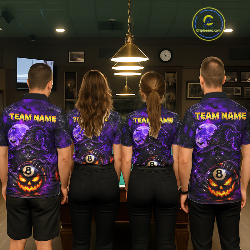 Purple Funny Cat Wizard 8 Ball Pool Billiard Shirts For Men Custom Halloween Billiard Team Jersey TDM7634