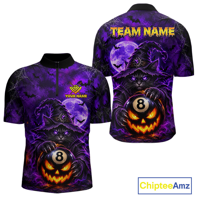 Purple Funny Cat Wizard 8 Ball Pool Billiard Shirts For Men Custom Halloween Billiard Team Jersey TDM7634