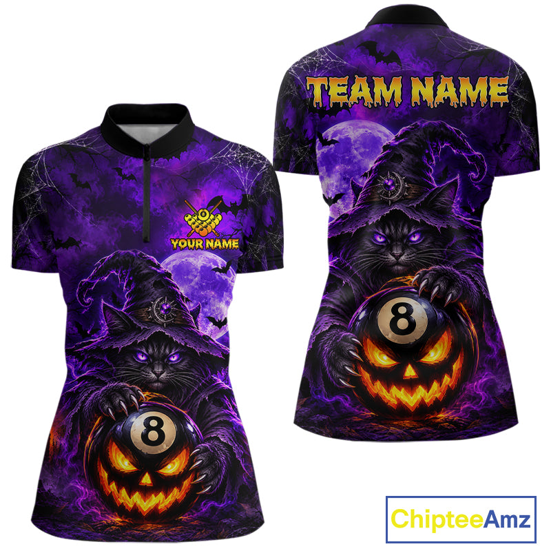 Purple Funny Cat Wizard 8 Ball Pool Billiard Shirts For Women Custom Halloween Billiard Team Jersey TDM7634