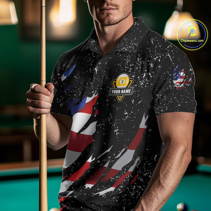 9 Ball Pool US Flag Black Grunge Custom Men's Billiard Shirt, Patriotic Billiard Team Jersey TDM7642
