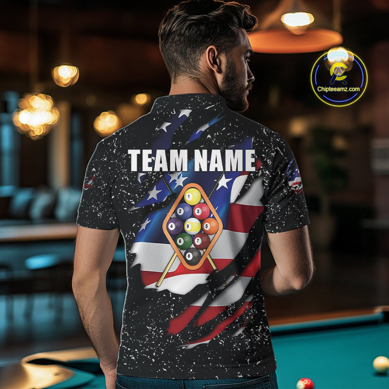 9 Ball Pool US Flag Black Grunge Custom Men's Billiard Shirt, Patriotic Billiard Team Jersey TDM7642