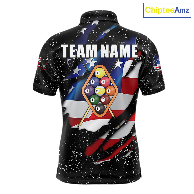 9 Ball Pool US Flag Black Grunge Custom Men's Billiard Shirt, Patriotic Billiard Team Jersey TDM7642