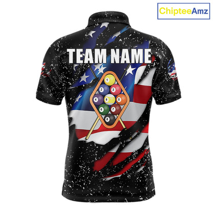 9 Ball Pool US Flag Black Grunge Custom Men's Billiard Shirt, Patriotic Billiard Team Jersey TDM7642