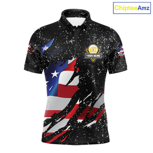 9 Ball Pool US Flag Black Grunge Custom Men's Billiard Shirt, Patriotic Billiard Team Jersey TDM7642