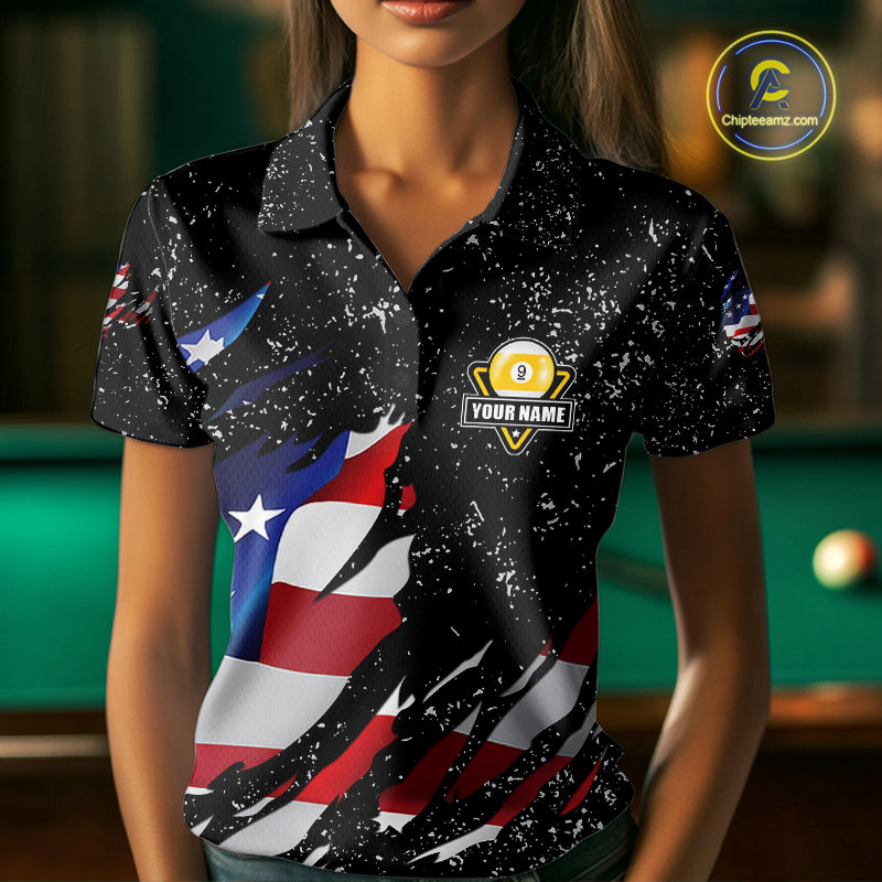 9 Ball Pool US Flag Black Grunge Custom Women's Billiard Shirt, Patriotic Billiard Team Jersey TDM7642