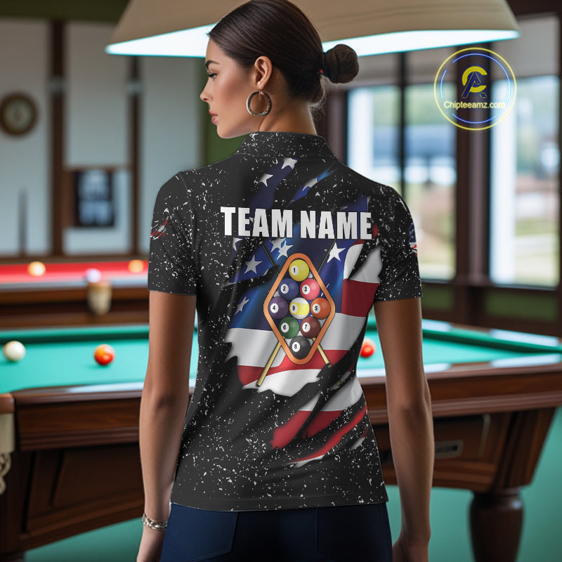 9 Ball Pool US Flag Black Grunge Custom Women's Billiard Shirt, Patriotic Billiard Team Jersey TDM7642
