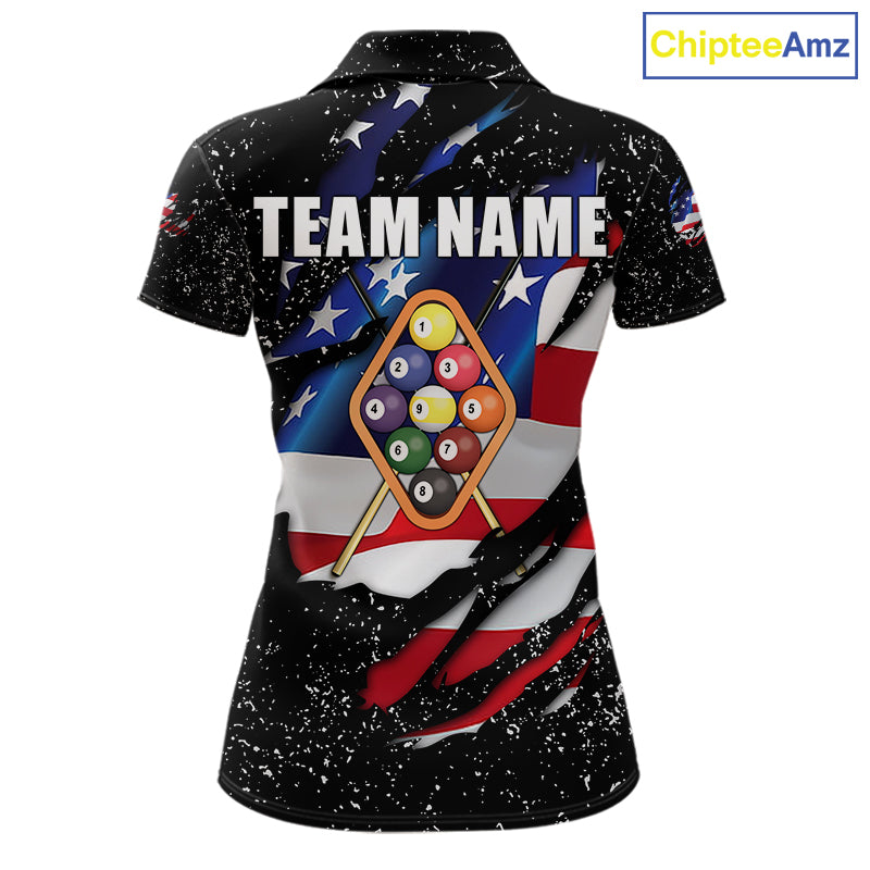 9 Ball Pool US Flag Black Grunge Custom Women's Billiard Shirt, Patriotic Billiard Team Jersey TDM7642