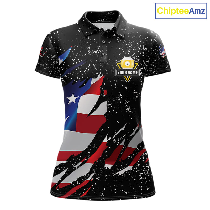 9 Ball Pool US Flag Black Grunge Custom Women's Billiard Shirt, Patriotic Billiard Team Jersey TDM7642