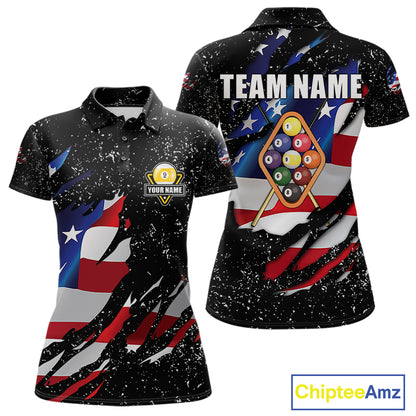 9 Ball Pool US Flag Black Grunge Custom Women's Billiard Shirt, Patriotic Billiard Team Jersey TDM7642