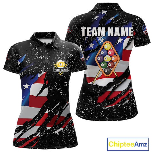 9 Ball Pool US Flag Black Grunge Custom Women's Billiard Shirt, Patriotic Billiard Team Jersey TDM7642