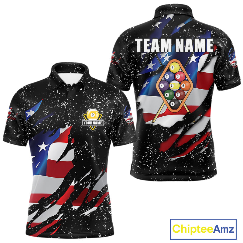 9 Ball Pool US Flag Black Grunge Custom Men's Billiard Shirt, Patriotic Billiard Team Jersey TDM7642