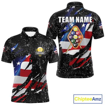9 Ball Pool US Flag Black Grunge Custom Men's Billiard Shirt, Patriotic Billiard Team Jersey TDM7642