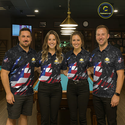 9 Ball Pool US Flag Black Grunge Custom Men's Billiard Shirt, Patriotic Billiard Team Jersey TDM7642