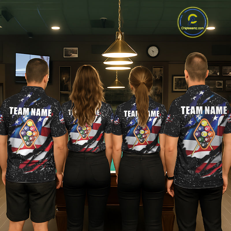 9 Ball Pool US Flag Black Grunge Custom Men's Billiard Shirt, Patriotic Billiard Team Jersey TDM7642