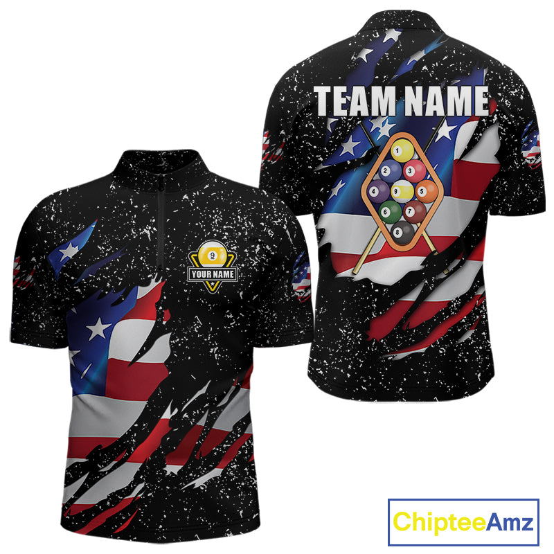 9 Ball Pool US Flag Black Grunge Custom Men's Billiard Shirt, Patriotic Billiard Team Jersey TDM7642