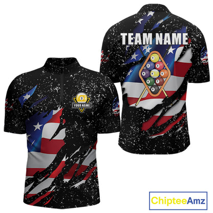 9 Ball Pool US Flag Black Grunge Custom Men's Billiard Shirt, Patriotic Billiard Team Jersey TDM7642