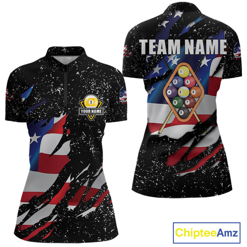 9 Ball Pool US Flag Black Grunge Custom Women's Billiard Shirt, Patriotic Billiard Team Jersey TDM7642