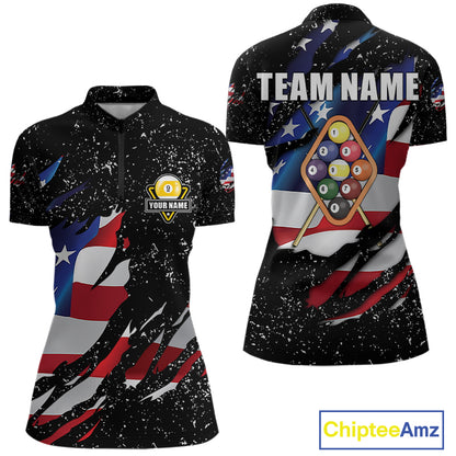 9 Ball Pool US Flag Black Grunge Custom Women's Billiard Shirt, Patriotic Billiard Team Jersey TDM7642
