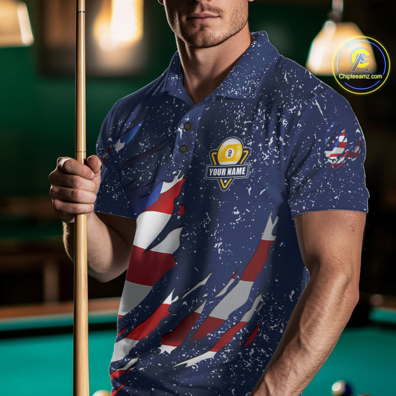 9 Ball Pool US Flag Navy Blue Grunge Custom Men's Billiard Shirt, Patriotic Billiard Team Jersey TDM7643