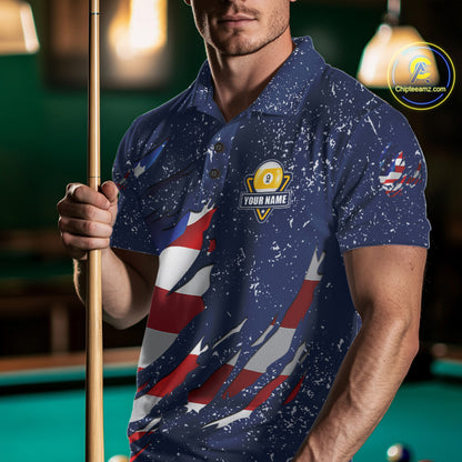 9 Ball Pool US Flag Navy Blue Grunge Custom Men's Billiard Shirt, Patriotic Billiard Team Jersey TDM7643