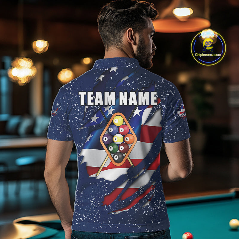 9 Ball Pool US Flag Navy Blue Grunge Custom Men's Billiard Shirt, Patriotic Billiard Team Jersey TDM7643