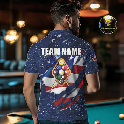 9 Ball Pool US Flag Navy Blue Grunge Custom Men's Billiard Shirt, Patriotic Billiard Team Jersey TDM7643