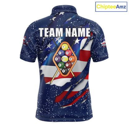 9 Ball Pool US Flag Navy Blue Grunge Custom Men's Billiard Shirt, Patriotic Billiard Team Jersey TDM7643