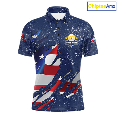 9 Ball Pool US Flag Navy Blue Grunge Custom Men's Billiard Shirt, Patriotic Billiard Team Jersey TDM7643