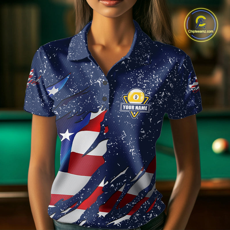 9 Ball Pool US Flag Navy Blue Grunge Custom Women's Billiard Shirt, Patriotic Billiard Team Jersey TDM7643