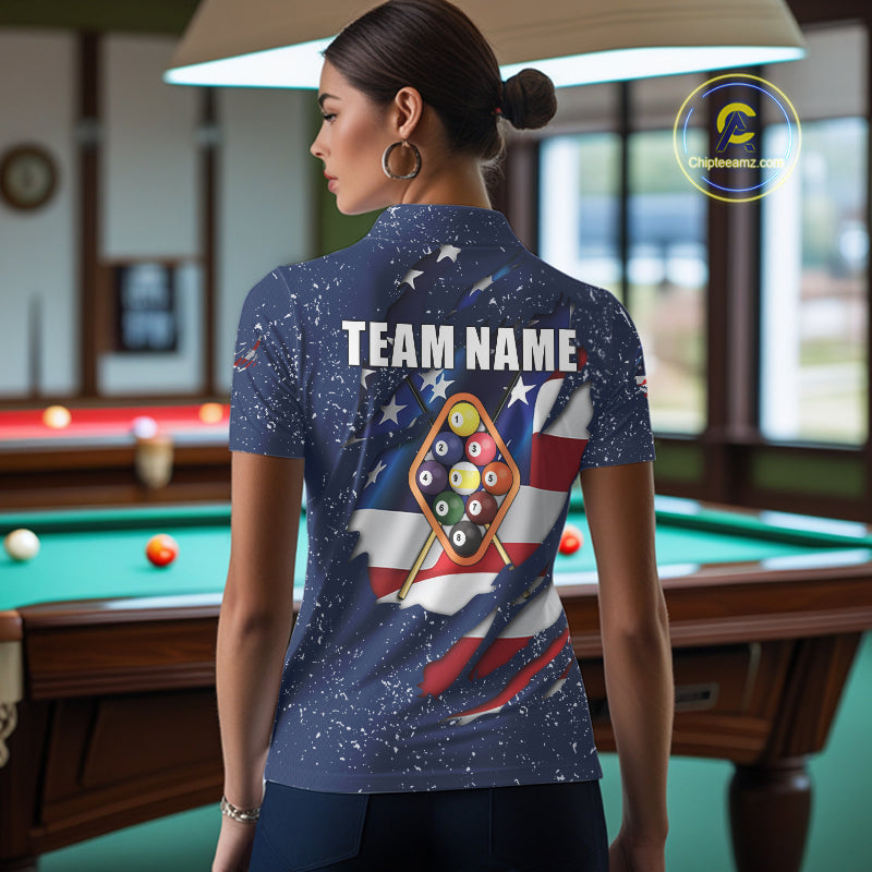 9 Ball Pool US Flag Navy Blue Grunge Custom Women's Billiard Shirt, Patriotic Billiard Team Jersey TDM7643