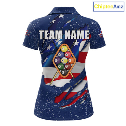 9 Ball Pool US Flag Navy Blue Grunge Custom Women's Billiard Shirt, Patriotic Billiard Team Jersey TDM7643