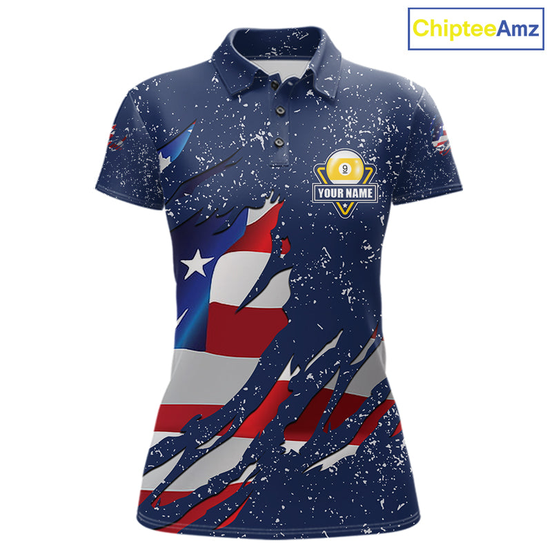 9 Ball Pool US Flag Navy Blue Grunge Custom Women's Billiard Shirt, Patriotic Billiard Team Jersey TDM7643