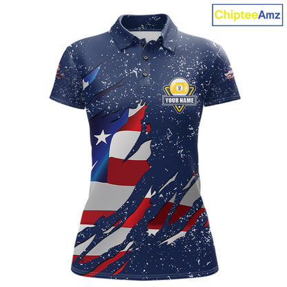 9 Ball Pool US Flag Navy Blue Grunge Custom Women's Billiard Shirt, Patriotic Billiard Team Jersey TDM7643