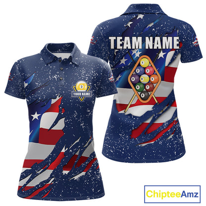 9 Ball Pool US Flag Navy Blue Grunge Custom Women's Billiard Shirt, Patriotic Billiard Team Jersey TDM7643