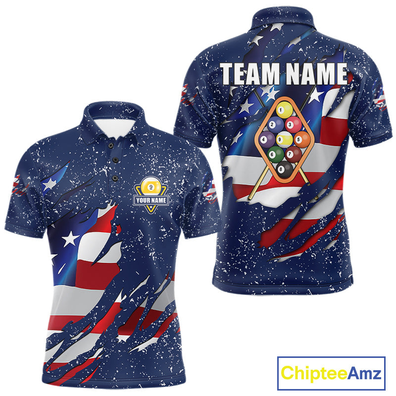 9 Ball Pool US Flag Navy Blue Grunge Custom Men's Billiard Shirt, Patriotic Billiard Team Jersey TDM7643