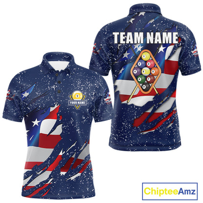 9 Ball Pool US Flag Navy Blue Grunge Custom Men's Billiard Shirt, Patriotic Billiard Team Jersey TDM7643