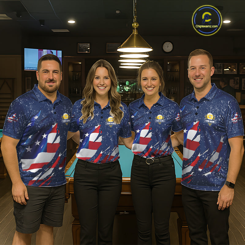 9 Ball Pool US Flag Navy Blue Grunge Custom Men's Billiard Shirt, Patriotic Billiard Team Jersey TDM7643
