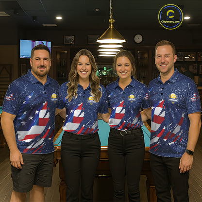9 Ball Pool US Flag Navy Blue Grunge Custom Men's Billiard Shirt, Patriotic Billiard Team Jersey TDM7643