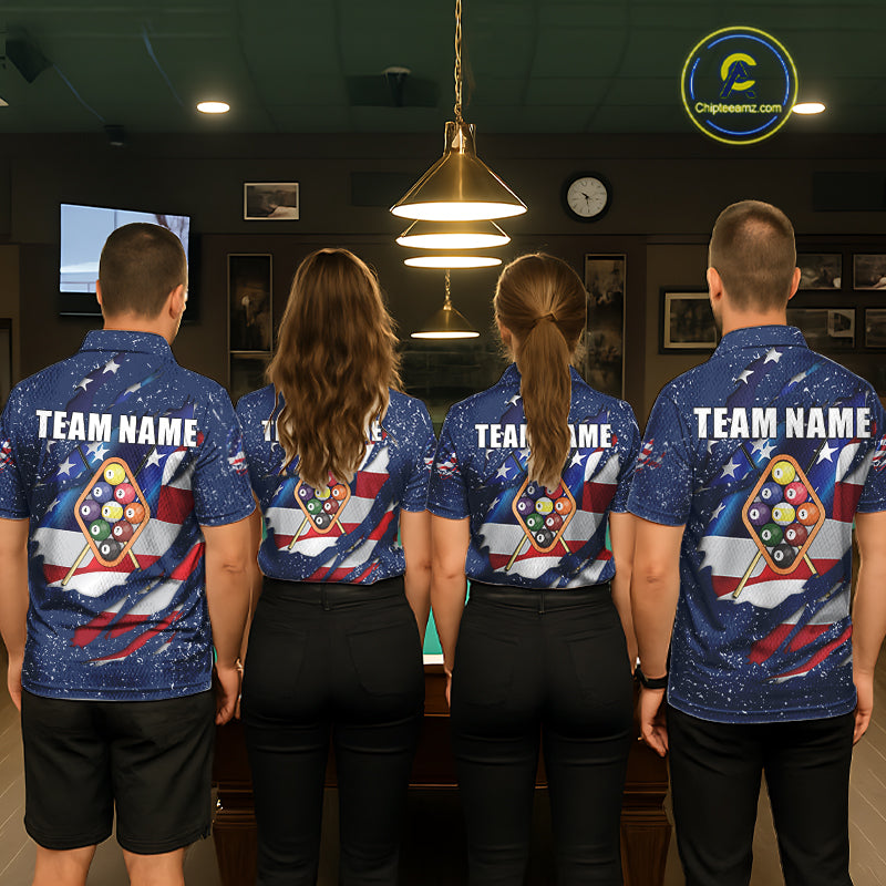9 Ball Pool US Flag Navy Blue Grunge Custom Men's Billiard Shirt, Patriotic Billiard Team Jersey TDM7643