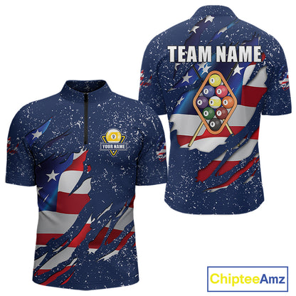 9 Ball Pool US Flag Navy Blue Grunge Custom Men's Billiard Shirt, Patriotic Billiard Team Jersey TDM7643